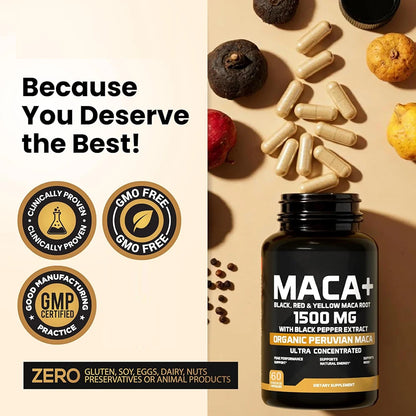 1500mg Organic Maca Root, Black, Red & Yellow - 60 Capsules - Black Maca Root Capsules for Men Supplement - Non-GMO, Gluten-Free
