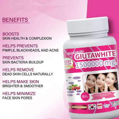 GLUTA WHITE 1500000MG Glutathione Skin Whitening Supplement, Anti Aging, Dark Spots, Melasma & Acne Scar Remover, 30 Softgel
