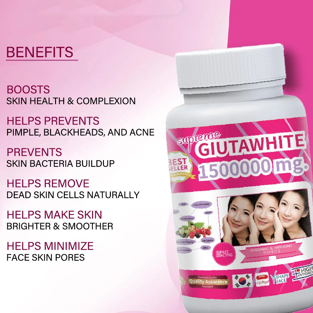 GLUTA WHITE 1500000MG Glutathione Skin Whitening Supplement, Anti Aging, Dark Spots, Melasma & Acne Scar Remover, 30 Softgel