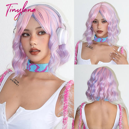 Curly Short Bob Brown Wavy Synthetic Wigs with Bangs Lolita Cosplay Brown Wig for Women Natural Daily Party Hair Heat Resistant