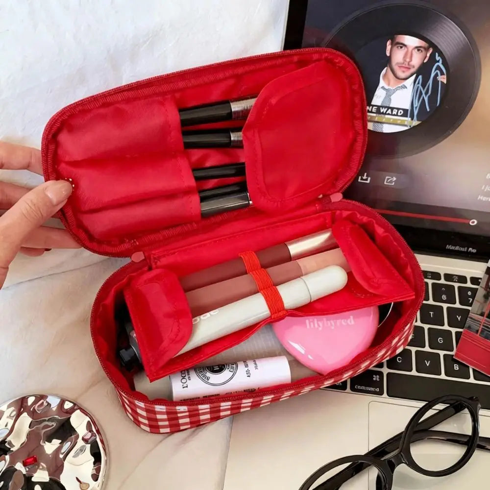 High Quality Red Grid Makeup Bag Multi-size Portable Toiletry Bag Cosmetic Pouch Women Cosmetic Bags & Cases