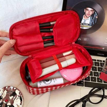 High Quality Red Grid Makeup Bag Multi-size Portable Toiletry Bag Cosmetic Pouch Women Cosmetic Bags & Cases