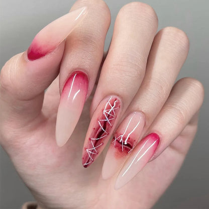 24pcs Blood Red Fake Nails Gradient Long Pointed False Nail Patch Full Cover Wearable Fake Nail Tips Halloween Manicure Sets