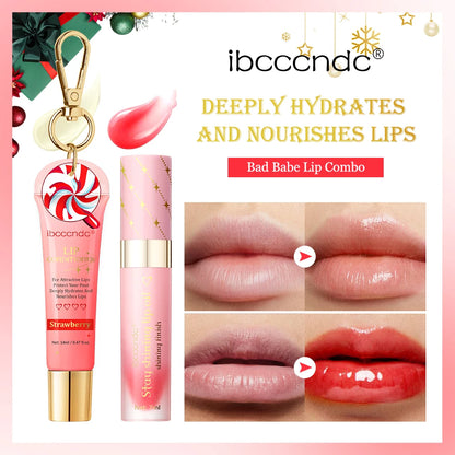 Christmas Gift 3Pcs Glossy Lip Gloss Set Strawberry Lip Balm And Lip Gloss Combo Long Lasting Hydrating Plump Lips
