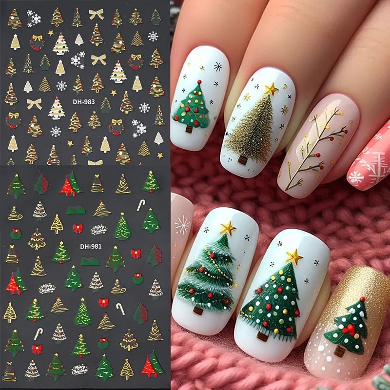 3pcs Christmas Nail Art Stickers - With Green Trees、Red Bow、Golden Decoration - Glossy Surface, Suitable for Holiday Nail Groomi