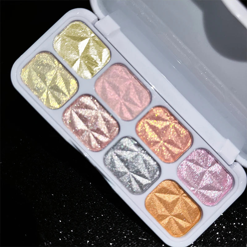 8 Colors Metal Highlighter Palette Shimmer Iridescent Glitter Eye Shadow Throughout Wear Set Spring Summer Vibrant Glow,Natural