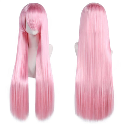 80cm Long Synthetic White Purple Cosplay Wigs Green Hair Straight Silver Wig Pink Hairpiece Lolita Wig with Bangs