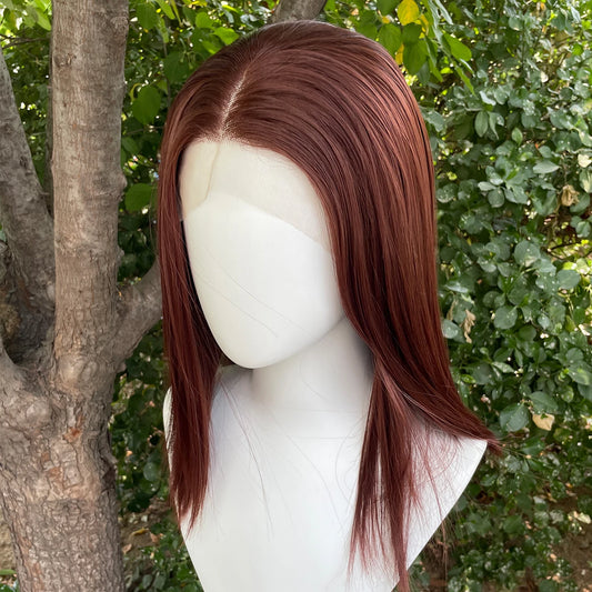 Red Brown Shoulder Length 13x4 Synthetic Lace Front Wigs Women Middle Part Synthetic Wigs Layers Glueless Wigs 150% Density Lady