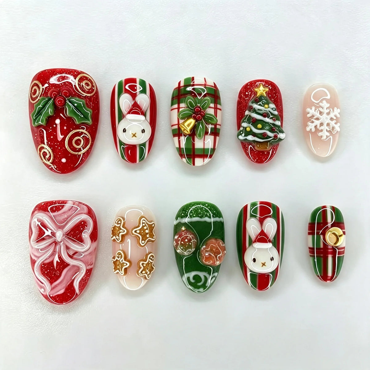 24PCS Christmas Red Almond Press on Nails Sweet 3D Gingerbread Man Xmas Tree Snowflake Design False Nails Wearable Acrylic Nails