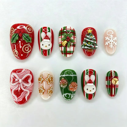 24PCS Christmas Red Almond Press on Nails Sweet 3D Gingerbread Man Xmas Tree Snowflake Design False Nails Wearable Acrylic Nails