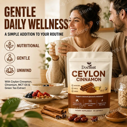 Docteat Energy Support Softgels Ceylon Cinnamon Antioxidant Action and Metabolic Balance 60 CT for Adults Daily Vitality