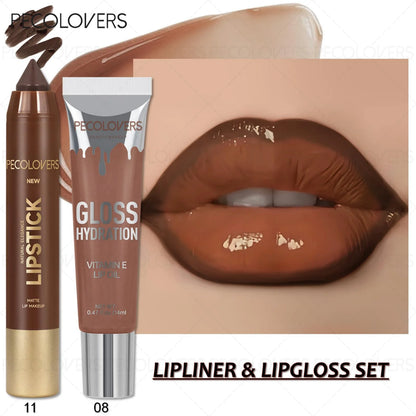 2PCS/Set Lip Liner and Gloss Duo Smooth and Hydrating - Offers Long-Lasting, Vivid Color with A Moisturizing Shine Suitable for Various Looks