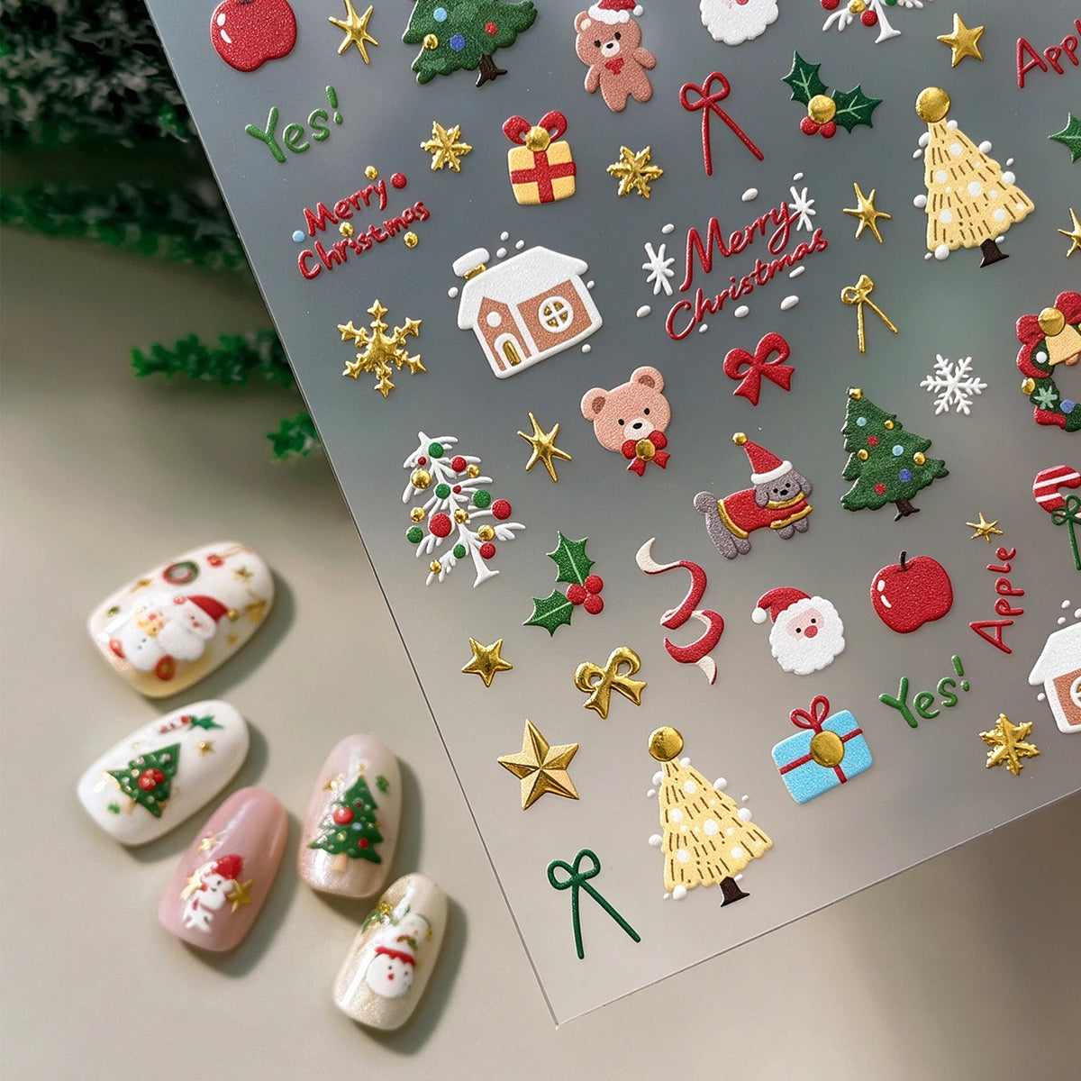 1pcs Gold-foiled Christmas Tree 5D Nail Stickers Bow Holly Snowflake Wreath Christmas Nail Decals Cartoon Merry Christmas Decora