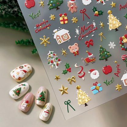1pcs Gold-foiled Christmas Tree 5D Nail Stickers Bow Holly Snowflake Wreath Christmas Nail Decals Cartoon Merry Christmas Decora