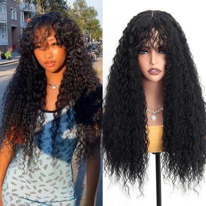 30inch Water Wave Human Hair Wigs With Bang Glueless Fringe Wig Kinky Deep Water Wig With Bangs Full Machine Made Wig Easy To Go