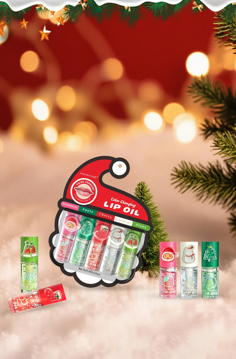 Christmas lip gloss gift box, long-lasting moisturizing and color changing lip oil, high gloss effect lip gloss 5- pieces