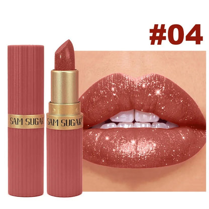 Pearlescent Pink Glitter Velvet Lipstick Waterproof Long Lasting Metallic Shimmer Diamond Lip Gloss Women Makeup Cosmetics