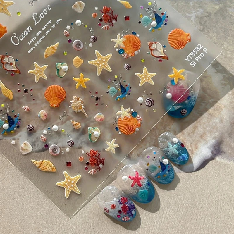 Silver Foil Ocean Nail Stickers 5D Embossed Starfish Shell Nail Art Decals Metallic Marine Manicure Decoration Summer DIY