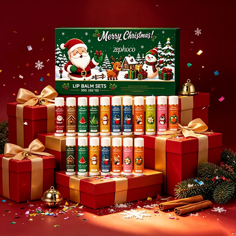 Christmas Lip Balm Set 10Pcs Multiple Flavors Moisturizing Nourishing Dry Lip Care Portable Holiday Gift Lip Balms