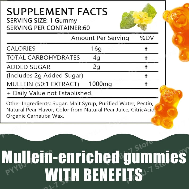 Mullein Lung Support Gummies Respiratory Health Pear Flavor Lung Health Sinus Relief Immune Boost Supplement 60 Count