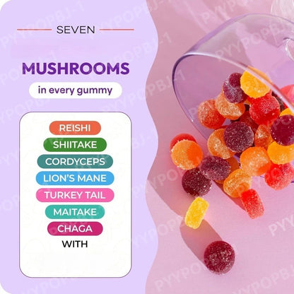 Mushroom Gummies with Ashwagandha Lion's Mane Reishi and Cordyceps, Vegan Gelatin Free Mixed Fruit Supplement