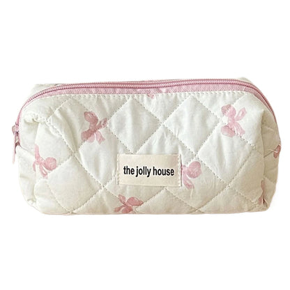 Cute Bow Flower Quilting Cotton Makeup Bag Women Zipper Cosmetic Organizer Female Cloth Handbag Portable Toiletry Case for Girls