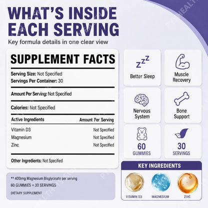 Magnesium Bisglycinate Gummies 400mg, with Vitamin D3 & Zinc, 60 Count, Supports Better Sleep, Muscle Recovery & Nervous System