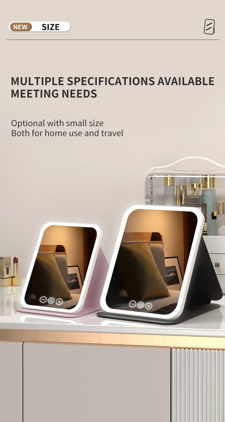 Makeup Mirror LED Dimmable Portable Foldable Design with Touch Screen 3 Colors Light Stepless USB Charging for Beauty Fashion