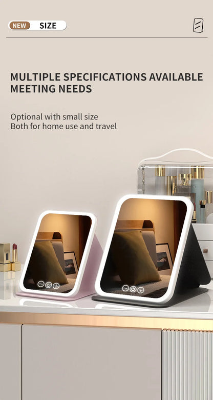 Makeup Mirror LED Dimmable Portable Foldable Design with Touch Screen 3 Colors Light Stepless USB Charging for Beauty Fashion