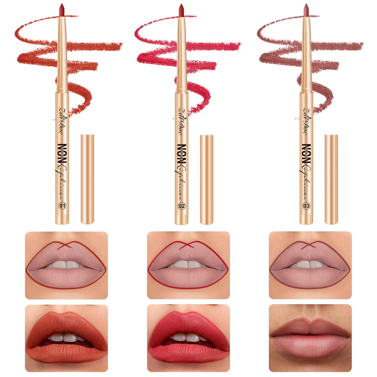 ZaiDoc 3 Colors Lip Liner Pencil Set Long Lasting Waterproof Smudge Proof Smooth Lip Pencil Natural Finish Daily Makeup