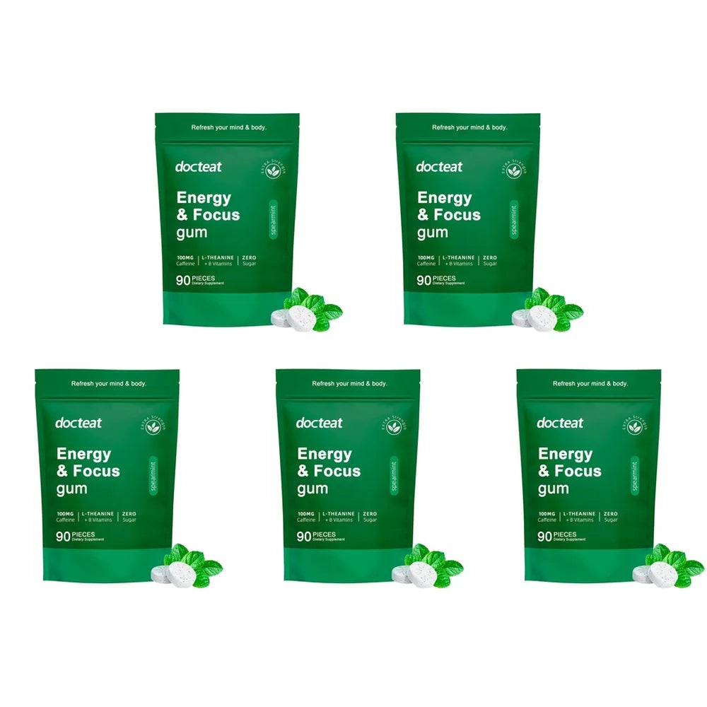 Energy & Focus Gum Extra Chewable Tablets with Natural Caffeine, L-Theanine, Vitamin B6 and B12, Sugar Free, 90 Pieces