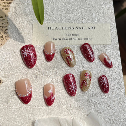 Hand Painted Christmas Fake Nails Short Almond Red Glitter Snowflake Candy Cane Pearl French Press On Nails Reusable  10 Pieces