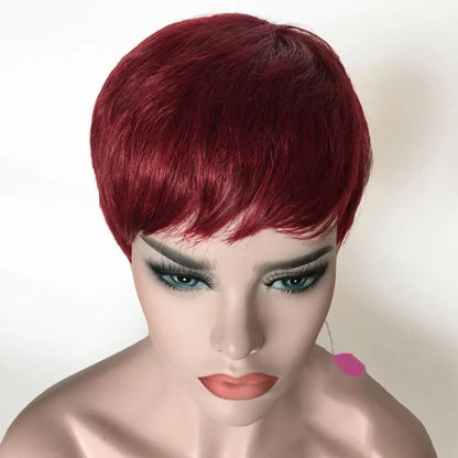 99j Color Dark Burgundy Red Human Hair Wigs for Women Short Pixie Cut Wigs with Bangs Layered Boy Cut Duby Wig Machine Made