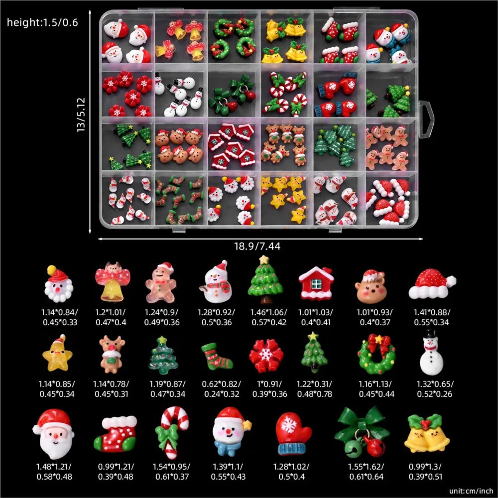 12grid 3D Kawaii Christmas Nail Charms Cute Santa Claus Snowman Bell Stocking Elk Wreath Nail Gems Resin Xmas Manicure Carft D2$