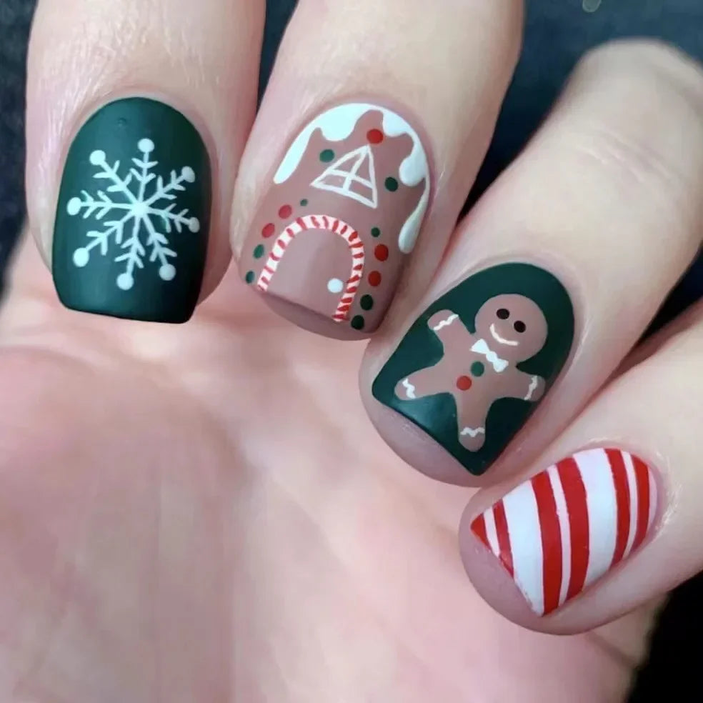 24Pcs Short Oval Press-On Nails - Cute Gingerbread & Candy Cane Christmas Designs, Perfect for Holiday Parties for Women&Girls
