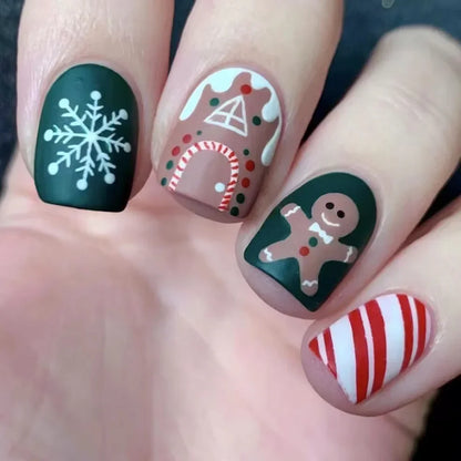 24Pcs Short Oval Press-On Nails - Cute Gingerbread & Candy Cane Christmas Designs, Perfect for Holiday Parties for Women&Girls
