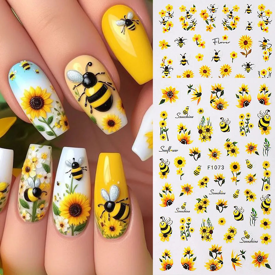 Bee Sunflower Floral Nail Art Stickers with Yellow Daisy Flower Garden Nail Decals Self-Adhesive Sliders DIY Nail Supplies