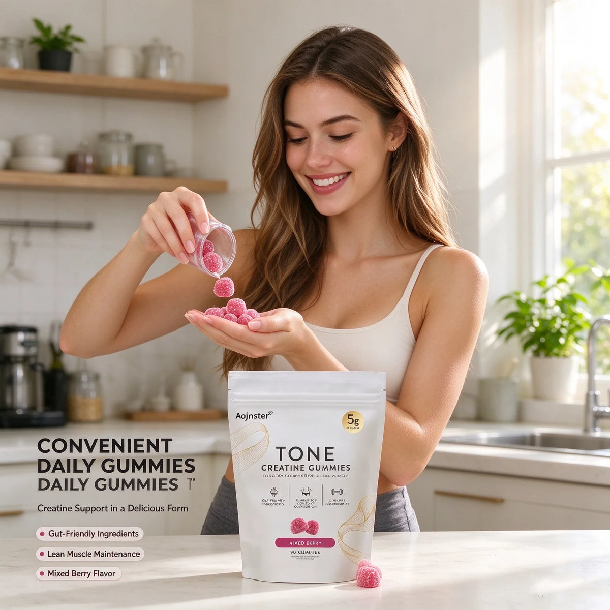 Aojnster Tone Creatine Gummies, for Body Composition & Lean Muscle, Mixed Berry, 5g Creatine, 90 Gummies