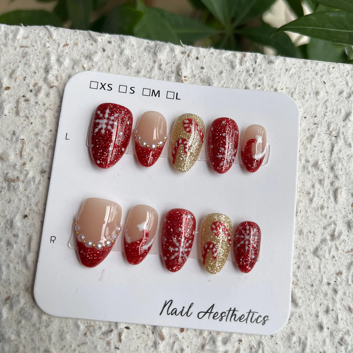 Hand Painted Christmas Fake Nails Short Almond Red Glitter Snowflake Candy Cane Pearl French Press On Nails Reusable  10 Pieces