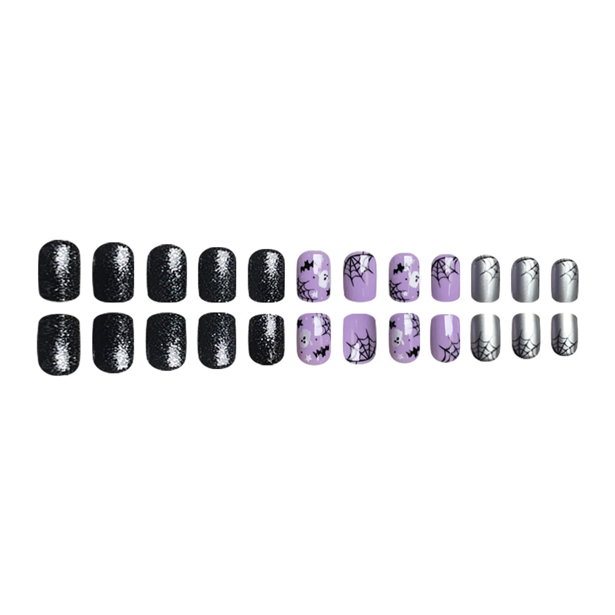 Press On Nails Light Purple Bat Ghost Spider Web Halloween Fake Nail Stickers With Designs Scary Party Nail Art Decals 24pcs