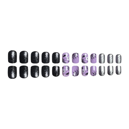 Press On Nails Light Purple Bat Ghost Spider Web Halloween Fake Nail Stickers With Designs Scary Party Nail Art Decals 24pcs