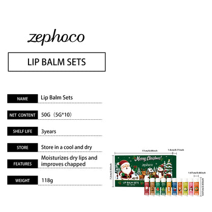 Christmas Lip Balm Set 10 Pack Fruit Flavored Moisturizing Gift Box for Chapped Lips Winter Care Women 50g Christmas Gift