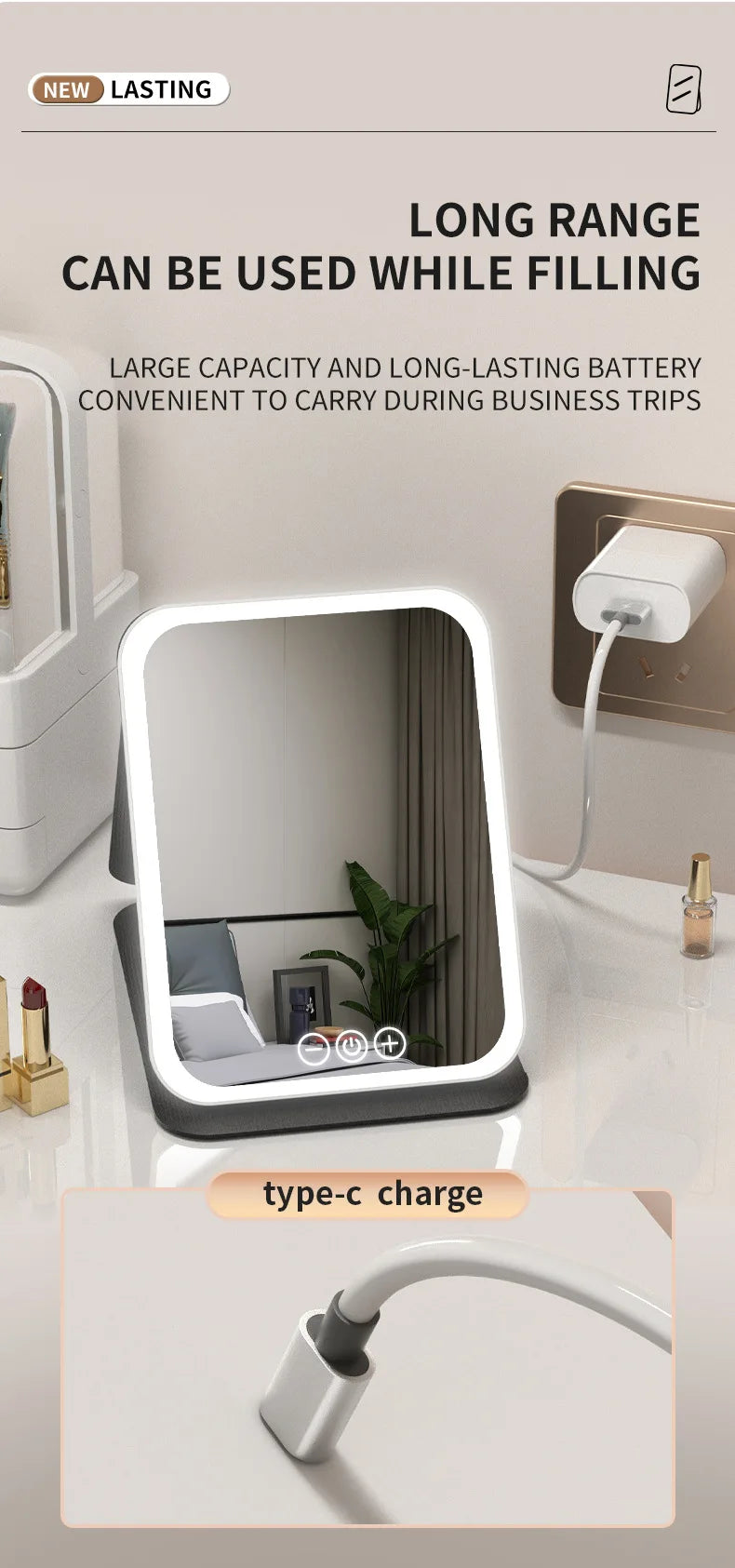 Makeup Mirror LED Dimmable Portable Foldable Design with Touch Screen 3 Colors Light Stepless USB Charging for Beauty Fashion