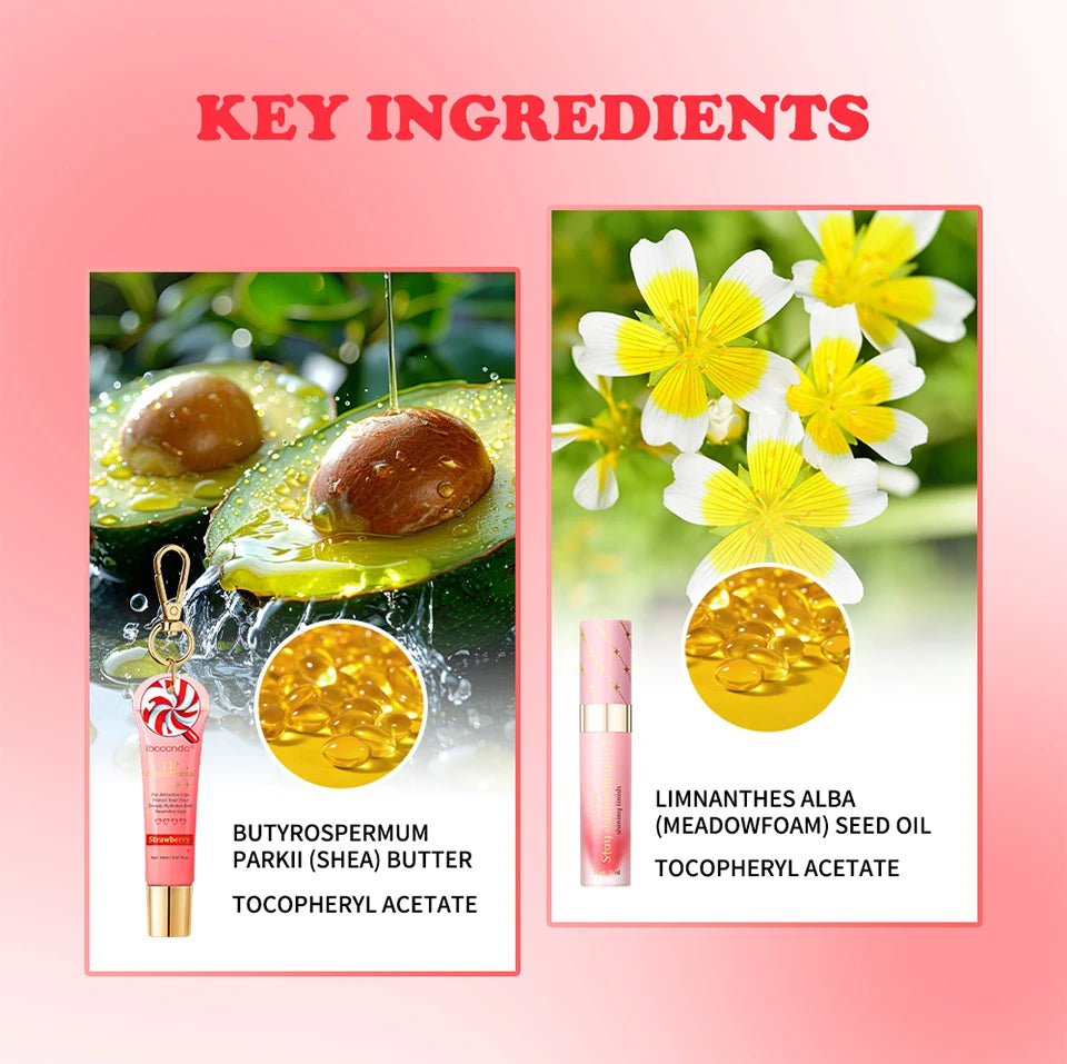 Strawberry Scent Lip Gloss Duo Combo with Keychain Long Lasting Nourish Plumper Lip Cosmetics Christmas Gift