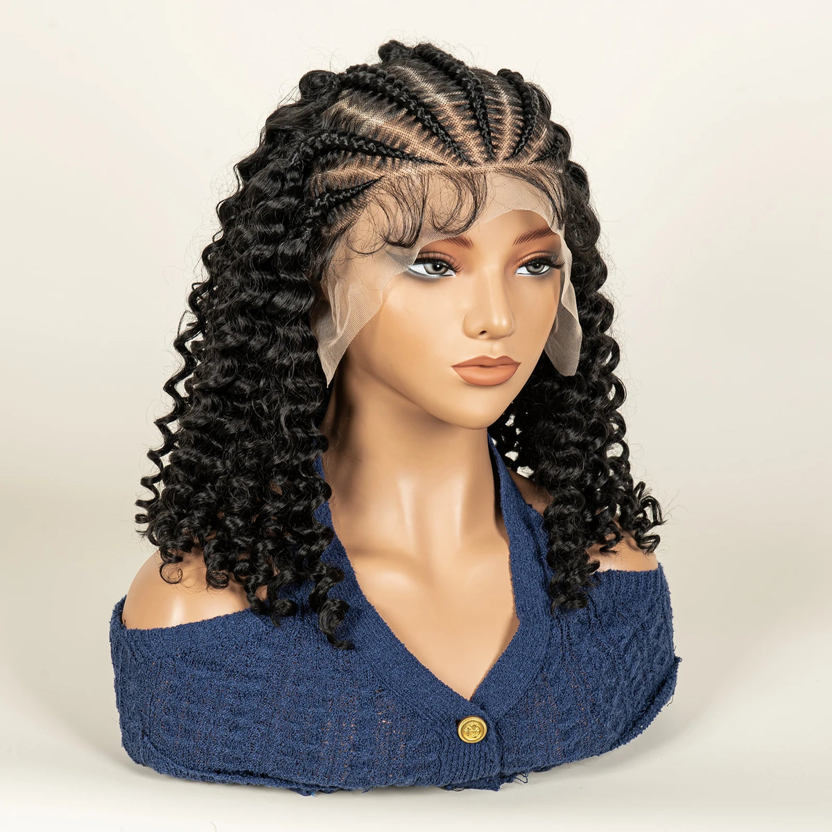 Cornrow Braided Curly Hair Wig Deep Wave Synthetic Hair Wigs with Baby Transparent 13x6 Lace Frontal 16in Hair Fits Black Women