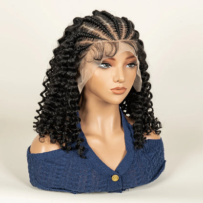 Cornrow Braided Curly Hair Wig Deep Wave Synthetic Hair Wigs with Baby Transparent 13x6 Lace Frontal 16in Hair Fits Black Women