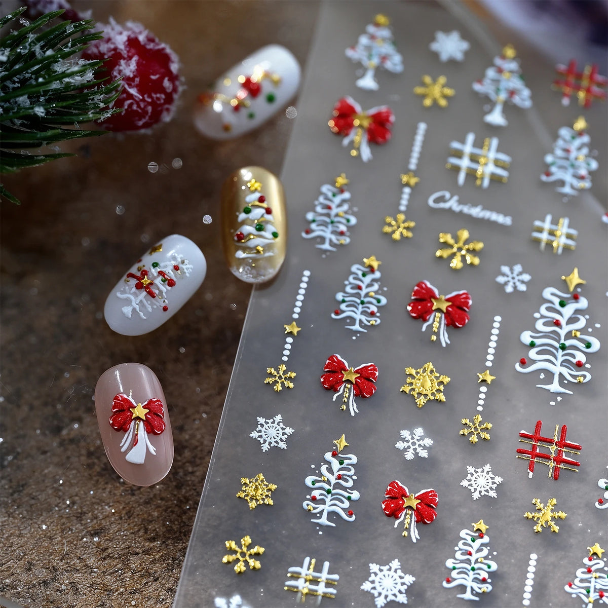 1pcs Gold-foiled Christmas Tree 5D Nail Stickers Bow Holly Snowflake Wreath Christmas Nail Decals Cartoon Merry Christmas Decora