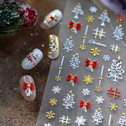 1pcs Gold-foiled Christmas Tree 5D Nail Stickers Bow Holly Snowflake Wreath Christmas Nail Decals Cartoon Merry Christmas Decora