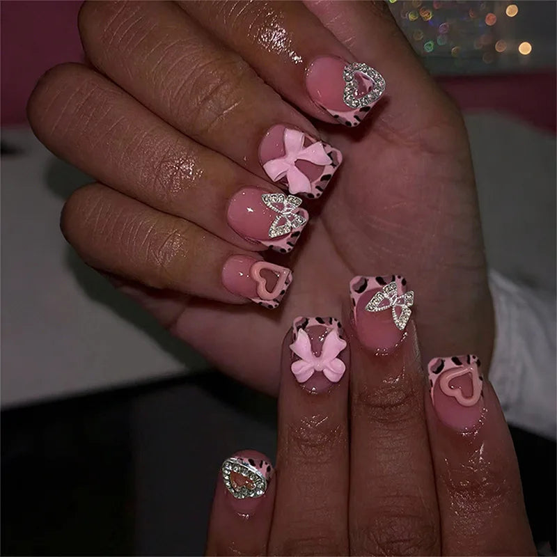European and American Spice Girls Bow Love Diamond Wearing Nail Short Square Removable Fake Nails