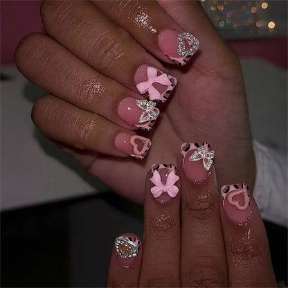 European and American Spice Girls Bow Love Diamond Wearing Nail Short Square Removable Fake Nails